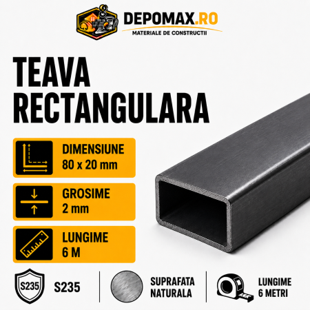Teava rectangulara 80 x 20 x 2 mm, 6 metri